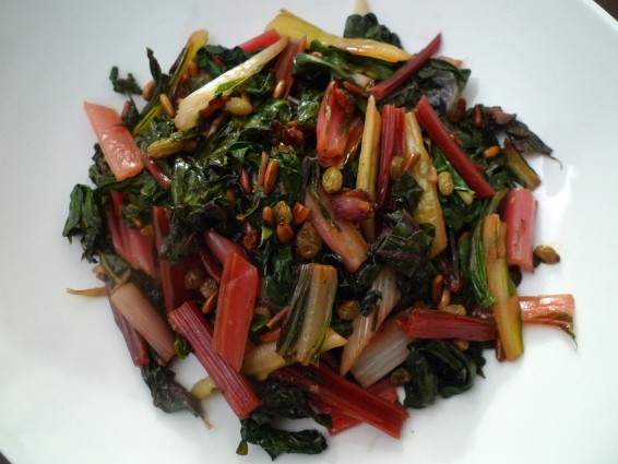 rainbow chard with raisins, pine nuts, pancetta