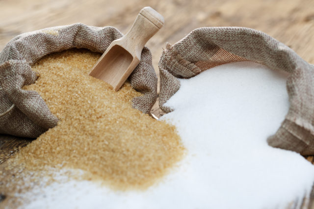 Various types of sugar, brown sugar and white