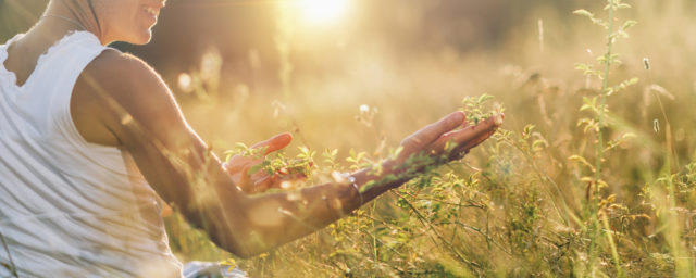Energy Work and Mindfulness Practice. Accepting positive energy from sun rays