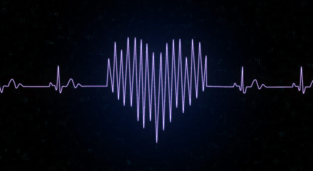 Heart and love concept with heart drawn by a pulse line at abstract dark background. 3D rendering